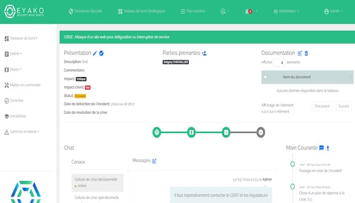 Vue détaillée d'une crise dans Eyako — chat, main courante et parties prenantes