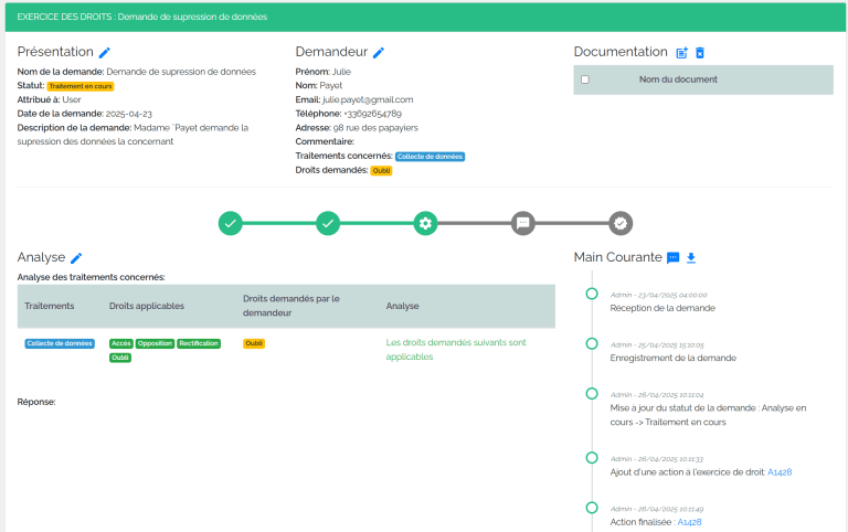 Exercice des droits RGPD — suivi des demandes avec timeline — Eyako
