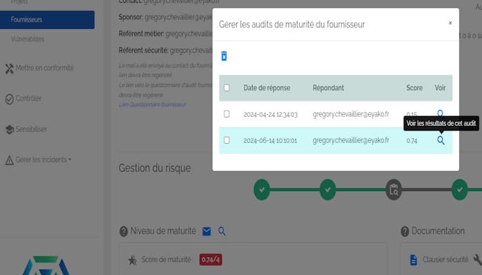 Historique des audits de maturité fournisseur dans Eyako
